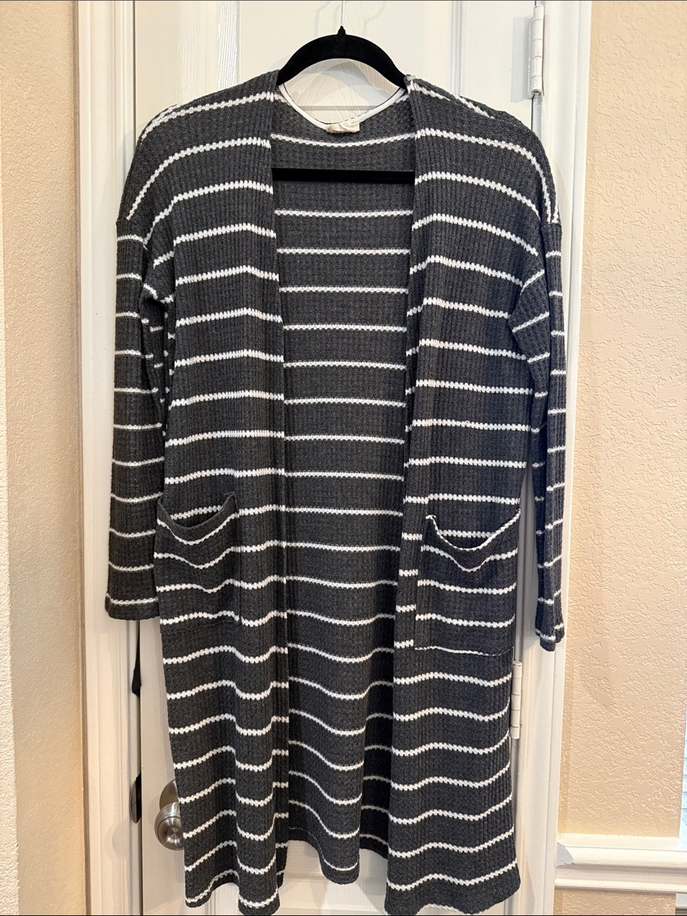 BiBi Charcoal and White Striped Open-Front Cardigan